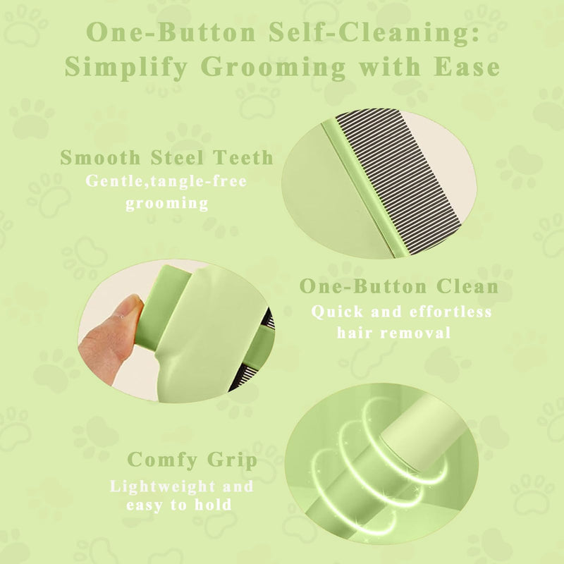 TerraKin 2-Pack Flea Comb for Dogs & Cats, One-Click Self-Cleaning Pet Grooming with Release Button, Long & Short Stainless Steel Teeth for Deshedding, Removing Fleas & Massaging,Green Green