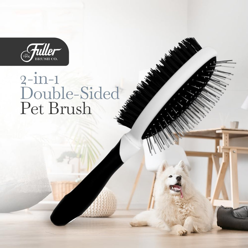 Fuller Brush 2-in-1 Double-Sided Pet Brush - Electroplated Round-Ended Steel Pins Positioned Into a Flexible Cushion on One Side & Nylon Bristles - Remove Shedding - Tool For Grooming Dogs & Cats - PawsPlanet Australia