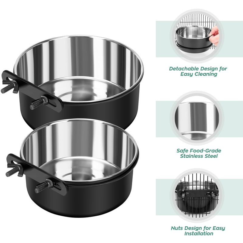 Dog Crate Water Bowl No Spill, 2 Pack Dog Crate Bowls Hanging, Kennel Water Food Bowls Mountable, Pet Cage Accessories Feeder Dish, Stainless Steel Coop Cup for Cat Puppy Bunny Guinea Pig Ferret Bird M(6.3*2.6'' & 5.5*2.4'') Black