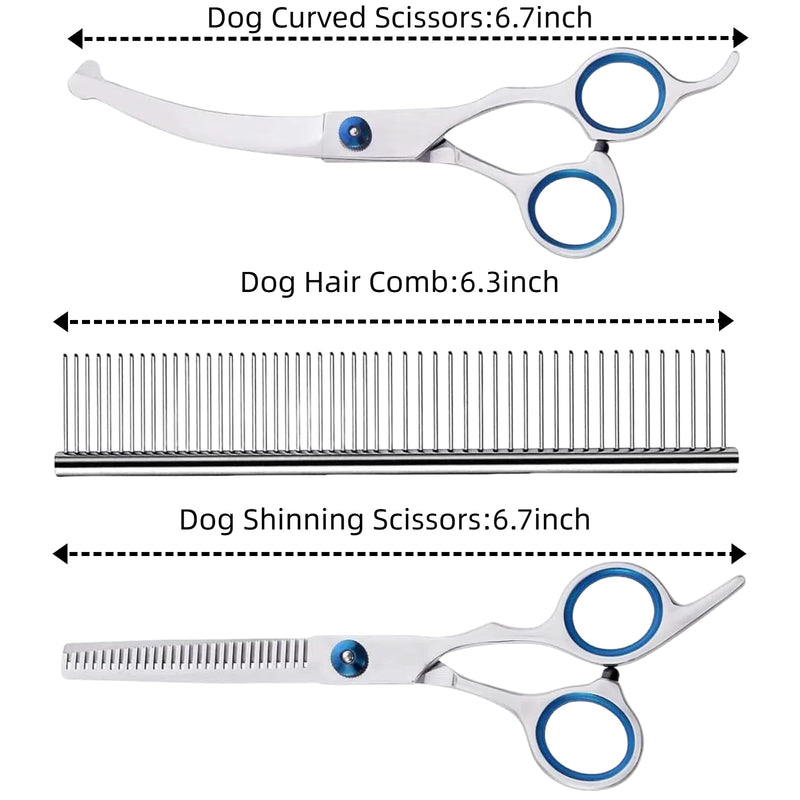 Dog Grooming Scissors, 3Pcs Dog Grooming Kit with Safety Round Tip, Professional Grooming Shears Set Hair Cutting Trimming Scissors with Steel Comb for Dogs Cats Pets
