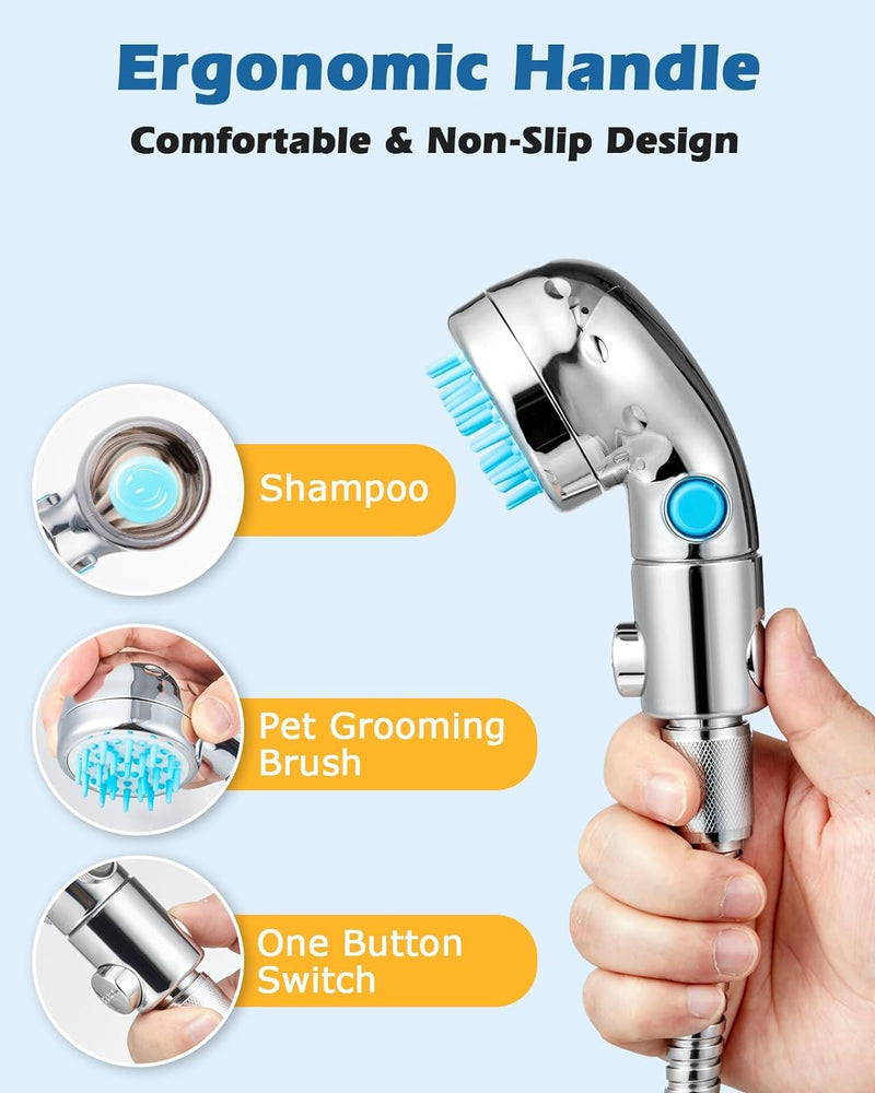 Dog Shower Attachment, Dog Shower Sprayer Attachment Set with Diverter Valve, Dog Shower Brush for Bathroom Shower Arm, Pet Bathing Tool, for Dog and Cat Grooming, Indoor & Outdoor