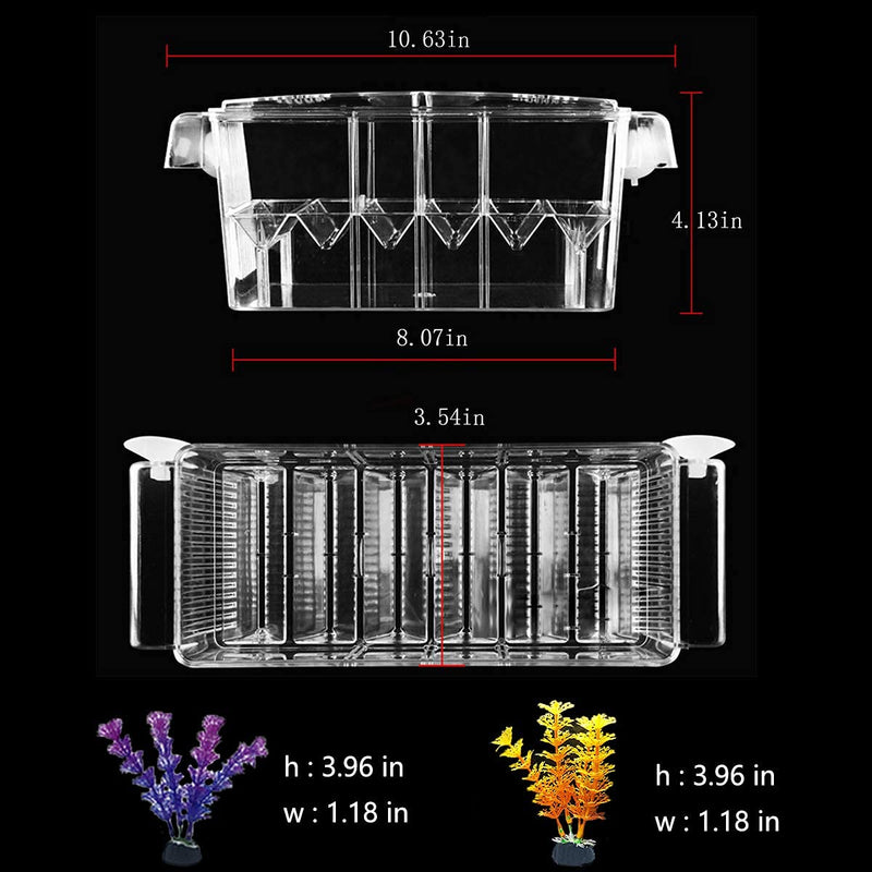 Tfwadmx Fish Breeding Box, 3 Rooms HD Aquarium Breeder Box with Suction Cups Fish Baby Hatchery Acrylic Fish Incubator Isolation Box with Artificial Plant for Guppy Baby Fish Hatchery