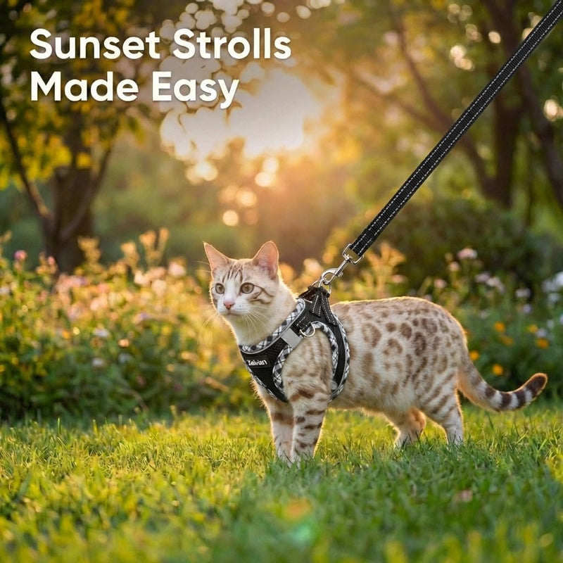 Cat Harness and Lead Set for Outdoor Walking, Escape Proof Cat Harnesses with Dual D-Rings and Safe Leash, Soft Adjustable Reflective Mesh Kitten Harness for Small Cat & Puppy (Black, S) Black