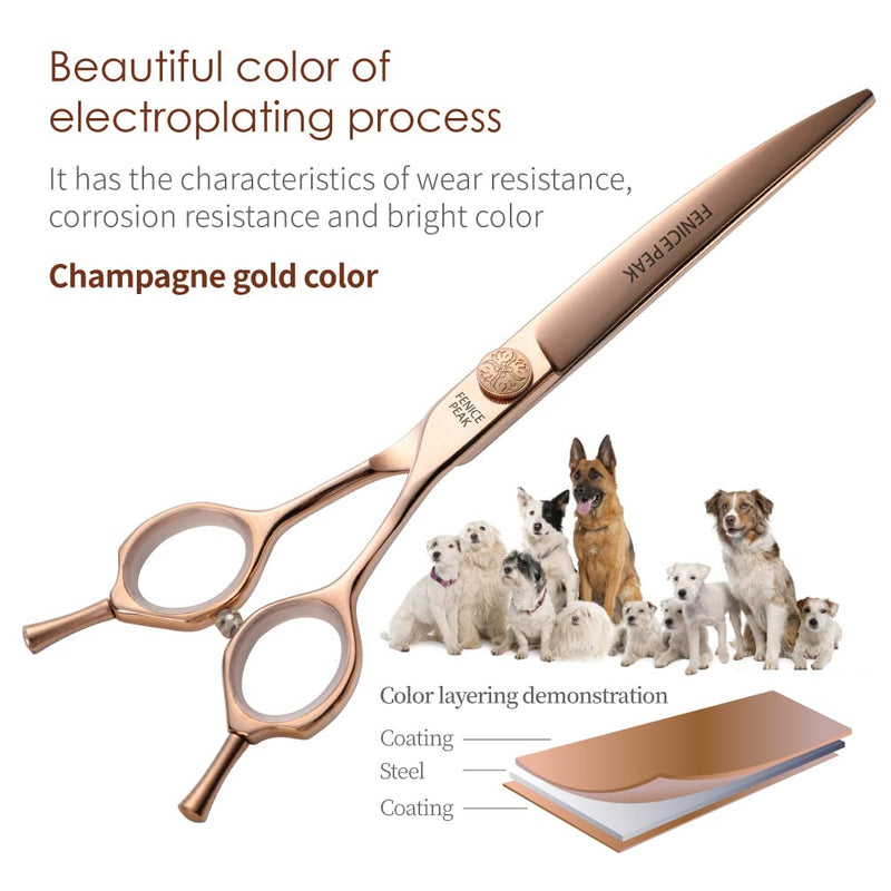 Fenice Peak Curved Dog Grooming Scissors Champagne Gold 440C Stainless Steel Professional Pet Cutting Shears Safety Trimming Shearing for Dogs and Cats 6.5 Curved Shear - PawsPlanet Australia