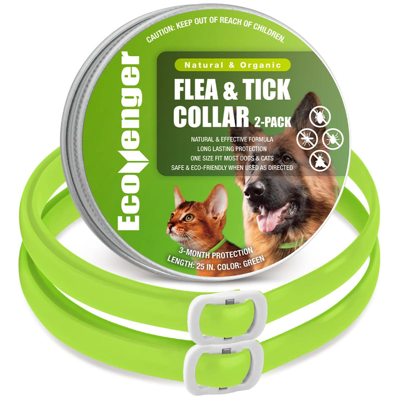 EcoVenger Flea Collars for Dogs & Cats - Flea & Tick Repellent 2-Pack Green. Built-in Pant-Based Formula Strong Repellency Slow Release, Lasting Protection, Pleasant Aroma, Waterproof