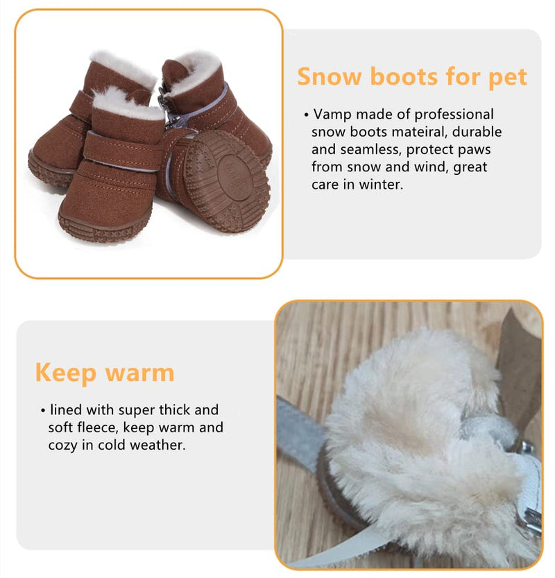 Hdwk&Hped Snow Dog Boots Warm Fleece Dog Winter Booties Anti-Slip Pet Shoes for Small Medium Dog Cat (Brown, #2) Brown - PawsPlanet Australia