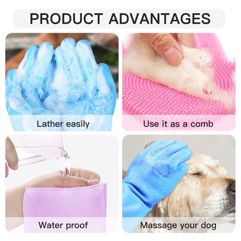 WAYUTO Long Sleeve Silicone Grooming Gloves - Cat & Dog Massaging, Hair Removal, Bathing, Shampoo Gloves for Kitchen, Bathroom and Pet Shop Use - Blue - PawsPlanet Australia
