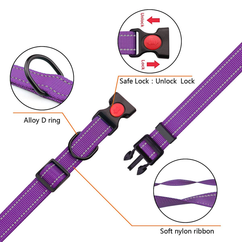 Reflective Dog Collar and Leash Set with Safety Locking Buckle Nylon Pet Collars Adjustable for Small Medium Large Dogs 4 Sizes(Purple&L) L Purple
