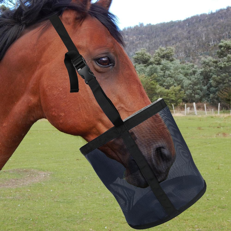 Horse Feed Bag - Heavy Duty Muzzle With Adjustable Strap, Comfort Neck Pad, Nose Pad and Double Waterproof Bottom Mesh - Pack of 2 (Darkblue) Darkblue