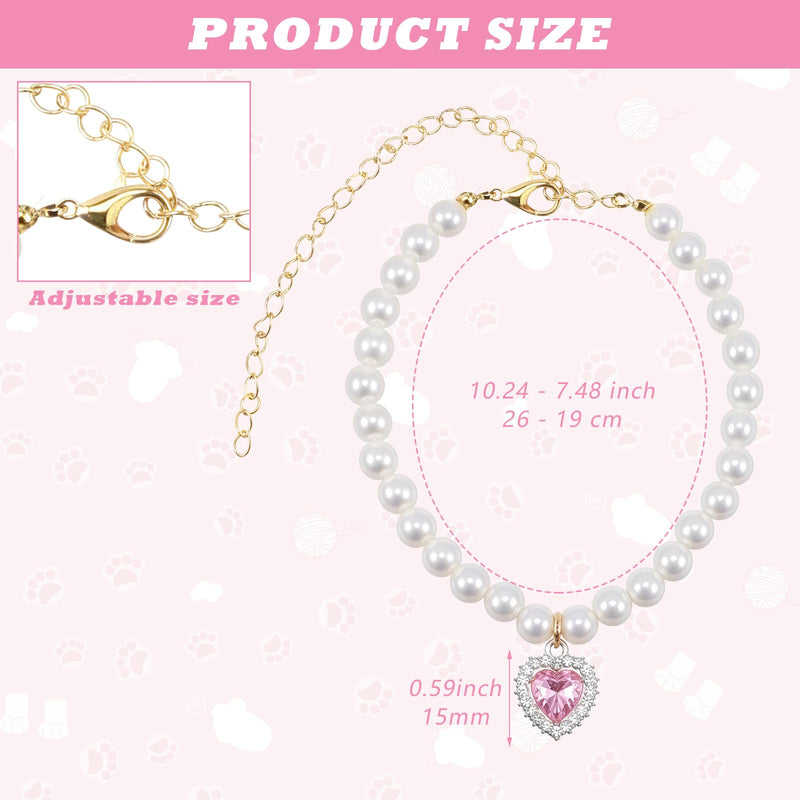 2 Pcs Girl Cat Dog Pearl Collar, Small Heart Shaped Rhinestone Pet Necklace, Pink White Diamond Kitten Collar Adjustable Wedding Party Jewelry Accessories for Puppy Kitten - PawsPlanet Australia