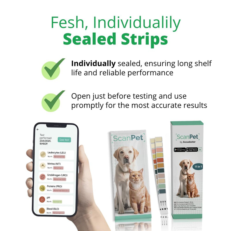 (10 Strips) SCANPET APP Urine Test for Cats and Dogs 11 Parameter Strips Urine Infection Strips for Dogs and Cats - Individually Wrapped - Glucose pH Protein Ketones Strips