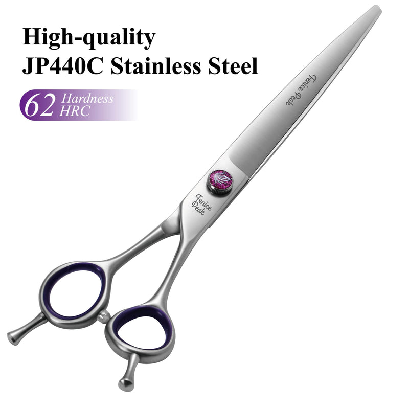 Fenice Peak 7'' Straight Dog Grooming Scissors with Purple Finger Rings and Flashing Screw Professional 440C Stainless Steel Natural Color Pet Trimming Shears with Offset Handle Durable and Sharp Straight Scissors 7'' - PawsPlanet Australia