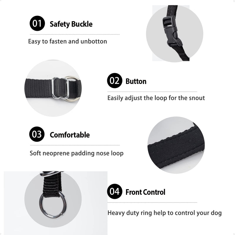 ILEPARK Dog Head Collar with Safety Strap, Head Harness for Dogs to Stop Pulling, Adjustable and Easily Control (M, Black) M