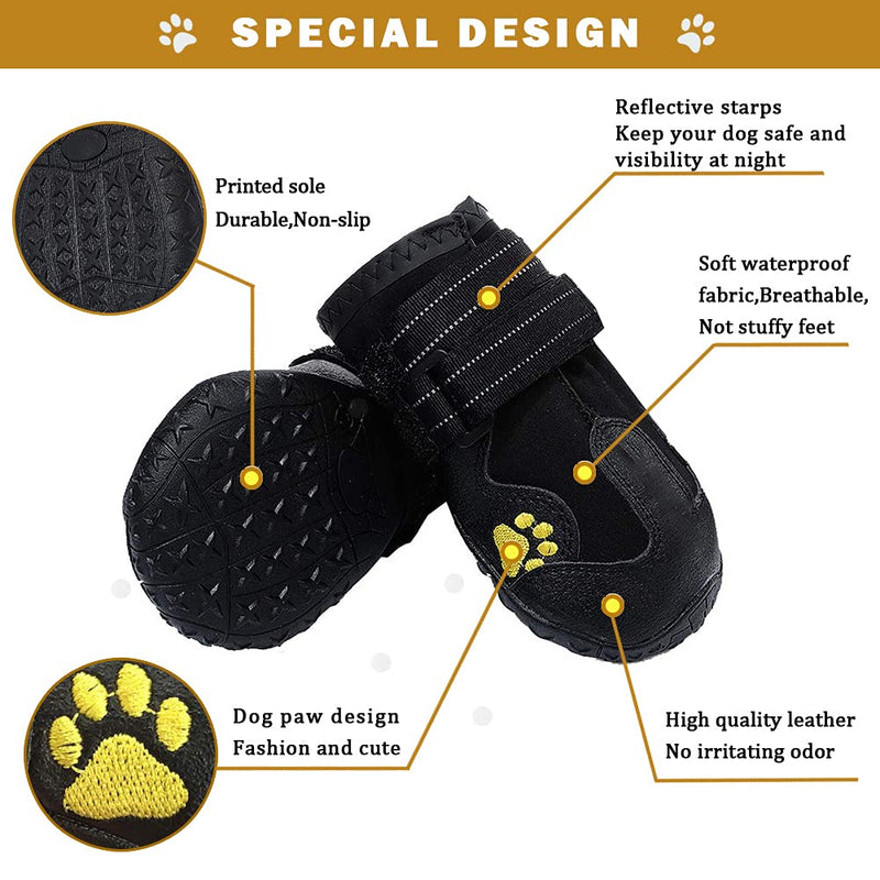 Waterproof Dog Boots, Dog Outdoor Shoes for Medium to Large Dogs with Two Reflective Fastening Straps and Rugged Anti-Slip Sole (2.95" x 2.52",Black 4PCS). Size 6: (2.95"x2.76")(L*W) for 52-65 lbs Black - PawsPlanet Australia