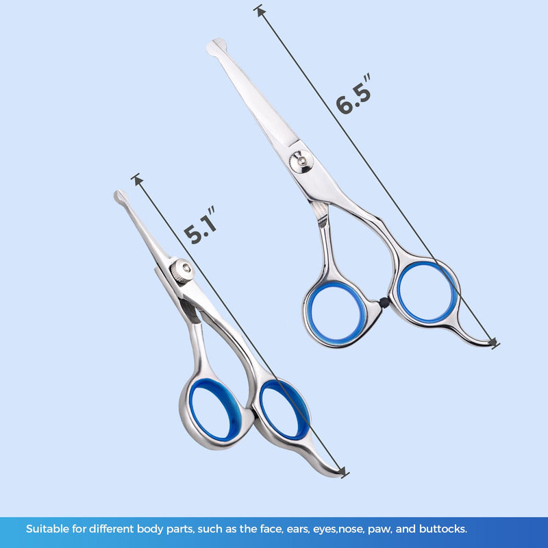 Pet Grooming Scissors Body & Facial Trimmer Durable Stainless Steel Rounded Tips Shears for Long Medium Short Thick Wiry Curly Hair Lightweight Cutter for Dogs & Cats - Set of 2 Blue Set of 2 - PawsPlanet Australia