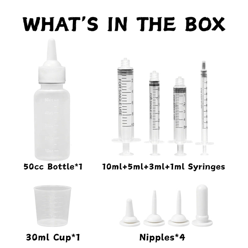 Pet Nursing Kit: 50ml Kitten and Puppy Feeding Bottle with 4 Syringes and 4 Nipples for Newborn Baby Cats, Dogs, Rabbits, Hamsters - PawsPlanet Australia
