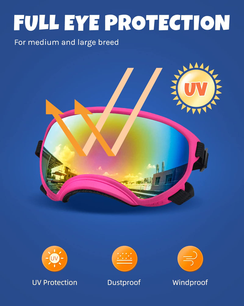 Large Dog Sunglasses, Dog Goggles Large Breed and Medium, UV Protection, Windproof, Dustproof and Snowproof. Shatterproof Lens, Adjustable Strap Pink - PawsPlanet Australia