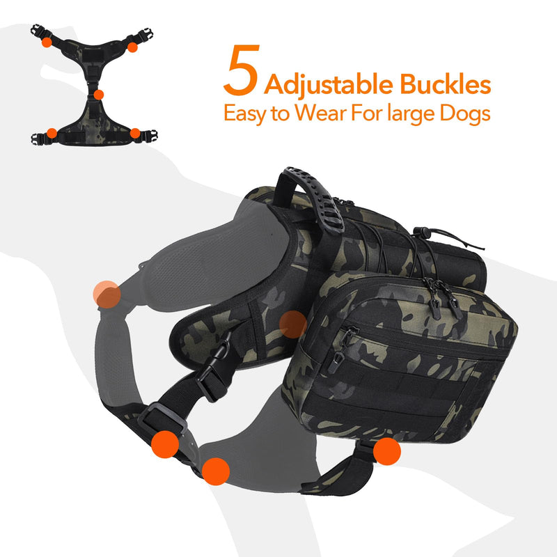 Dog Hiking Backpacks, for 85-125 lbs Large - Giant Dogs, Dog Hiking Back Pack, 5 Adjustable Buckles, Large Capacity 2 Spacious Side Bags, Breathable Waterproof Fabric (Black) - PawsPlanet Australia