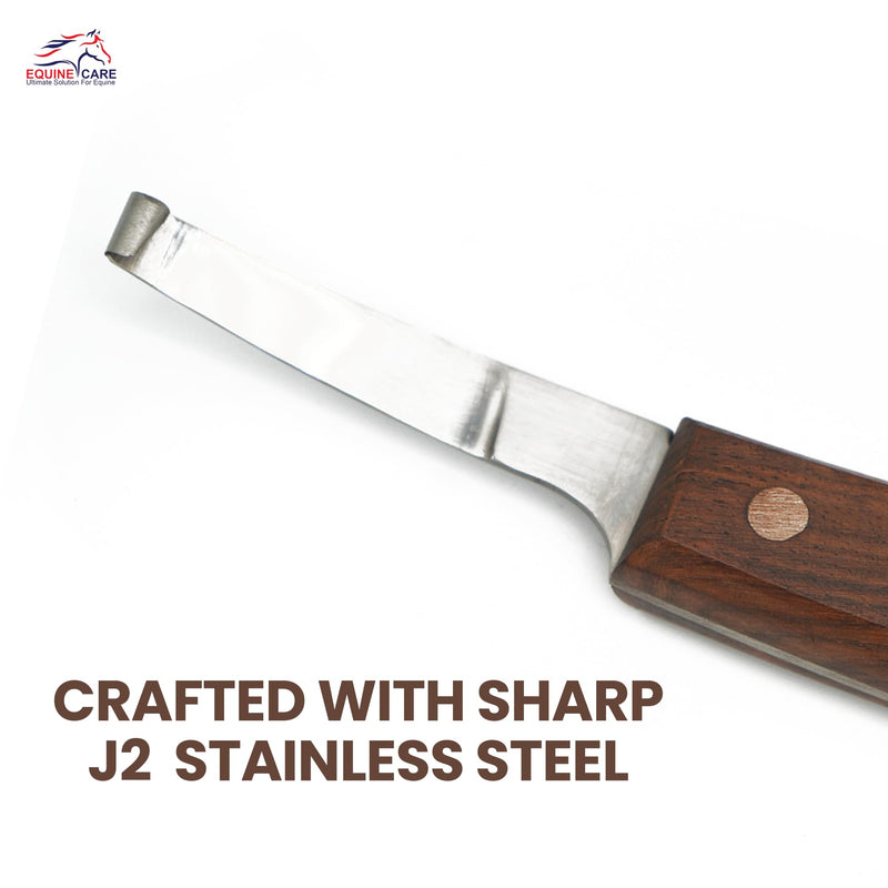 Equine Care Right-Handed Hoof Knife – Razor Sharp Short J2 Steel Blade, Professional Farrier Tool for Horse Hoof Trimming, Goats, Sheep & Livestock | Ergonomic, Rust-Resistant Wooden Handle. Right Handed
