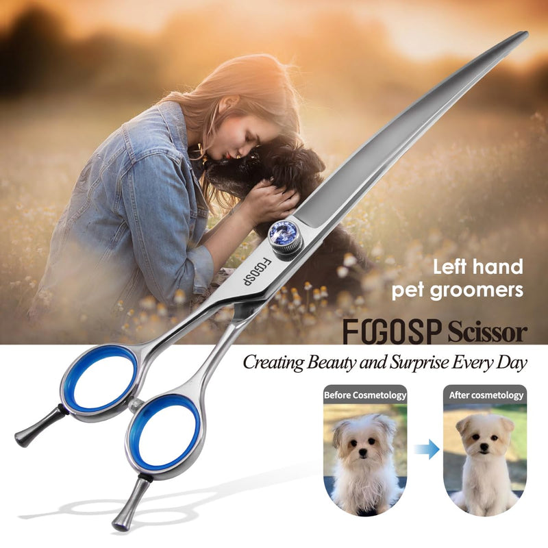 Left Handed Curved Scissors for Dog Grooming Professional 8 inch Long Downward Curved Shears Dog Grooming for Poodle Large Dog Pet 30°Japanese 440C Stainless Steel (8.0 curved) 8.0 inch - PawsPlanet Australia