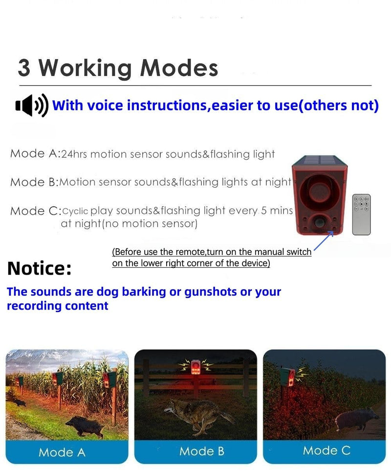 HULPPRE Solar Outdoor Motion Sensor Alarm-Dog Barking or Gunshot Sound,Support Recording&±Volume,130db Loud Noise Maker,3 Work Modes Strobe Light with USB,Say Goodbye to The Intruders 1pack - PawsPlanet Australia