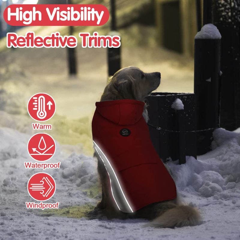 EMUST Dog Winter Coats, Waterproof Dog Winter Jackets with Detachable Hat, Warm Dogs Winter Clothes with Pocket, Cozy Dog Coats for Small/Medium/Large Dogs S Red - PawsPlanet Australia
