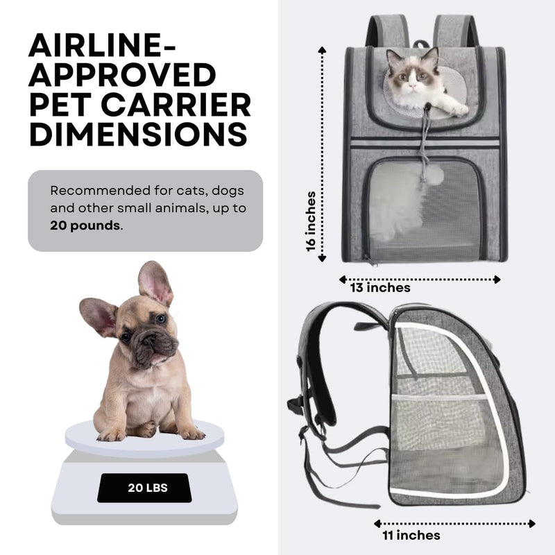 Portable Pet Carrier Backpack for Cats, Dogs and Small Animals Up to 20lbs l Ventilated Mesh Design That's Foldable and Airline-Approved l Ideal for Travel, Hiking, Camping, Vet (Grey) Grey - PawsPlanet Australia