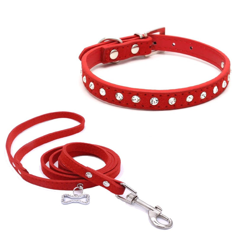 Dogs Kingdom 10 "-16.5" Total Length Suede Skin Jeweled Rhinestones Pet Dog Collar Leash Set Sparkly Crystal Diamonds Studded Leather Puppy Dog Cat Collar Leash Set Red XXS - PawsPlanet Australia