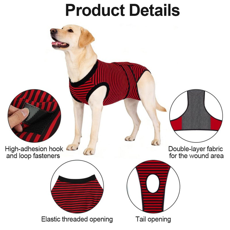 AUYAO Dog Recovery Suit Dog Surgery Bodysuit Anti-Licking Puppy Medical Surgical Suits Abdominal Wounds Protector Male Castration Onesie Post Op Dogs Surgery Shirt Pet Cone E-Collar Alternative(L) L Hook & Loop Fastener Style-red Black Stripes
