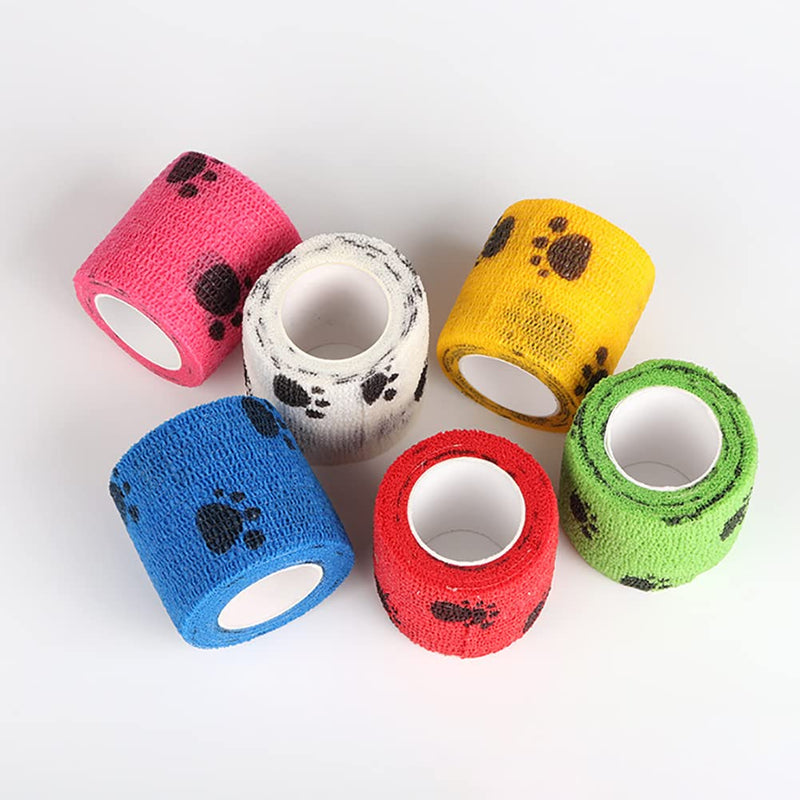 GSHLLO 4 Rolls Pet Vet Wrap Self Adhesive Bandage Cohesive Fixing Bandages Dog Paw Pattern Bandage Tattoo Grip Tape for Wrist Ankle