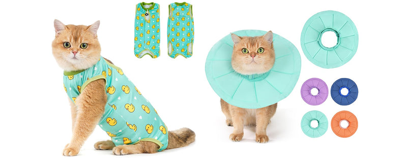 Avont Cat Recovery Suit Bundle with Adjustable Cat Recovery Collar, Soft Lightweight Donut Cone for Cats After Surgery -S