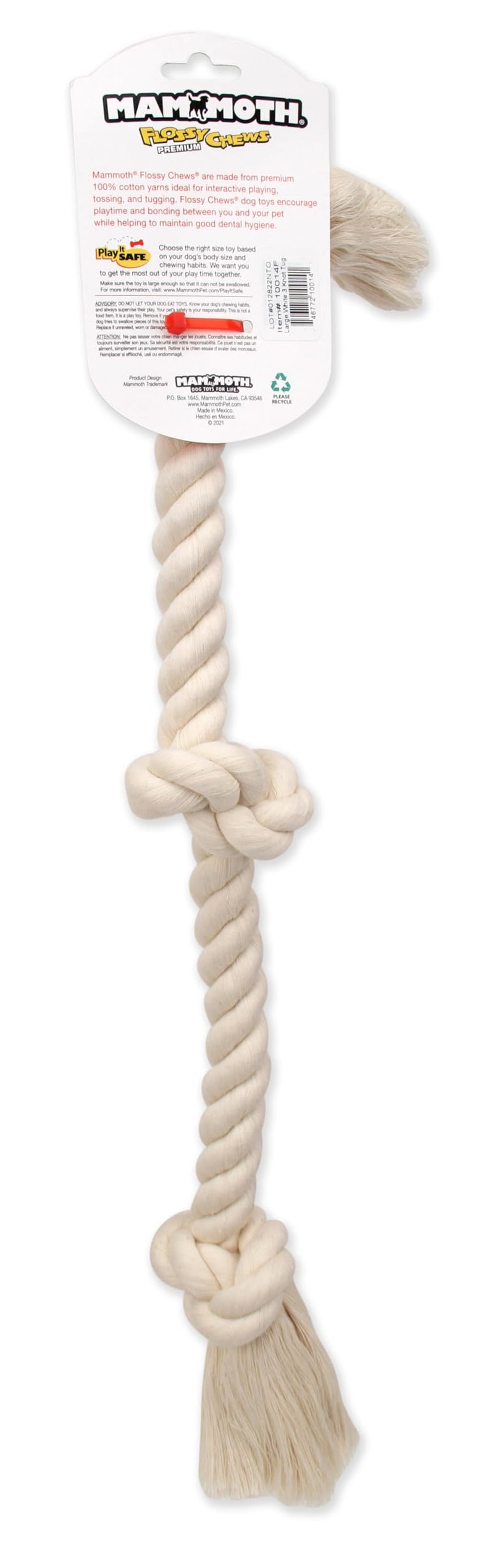Mammoth Flossy Chews 100 Percent Natural Cotton Rope Dog Toys - Premium White Knot Dog Rope Toy - Interactive Dog Tug Toy - Tug Dog Chew Toy for Medium to Large Dogs - Large 25" Large 25" 3 Knot Rope Tug - PawsPlanet Australia