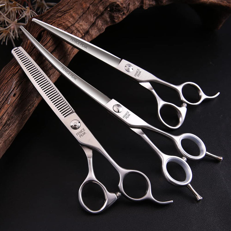 Fenice Peak 3pcs Dog Grooming Scissors Set Straight Thinning Curved Shears Stainless Steel Shears for Pet Grooming Sharp and Durable with Case Suitable for home users and Professional Groomer 6.5‘’thin+8.0‘’cut+7.5‘’curved - PawsPlanet Australia
