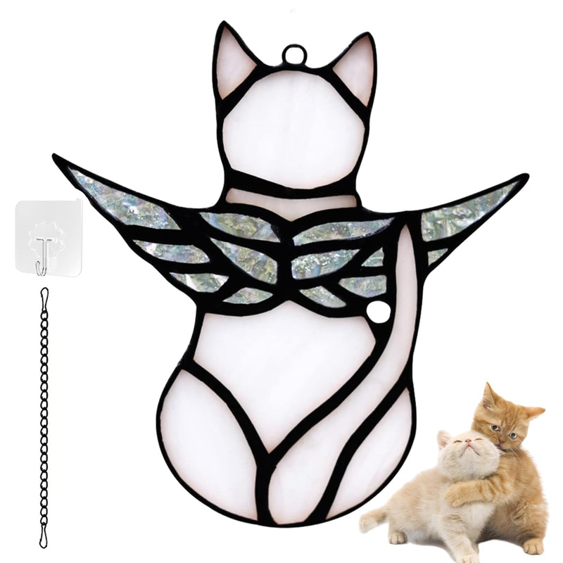 Angel Cat Memorial Present Ornaments, Stained Glass Window Hanging Decorations for Cat Lovers, Angel Wings Cat Suncatcher Decor, Pet Memorial Sympathy Present Statue (white) White - PawsPlanet Australia