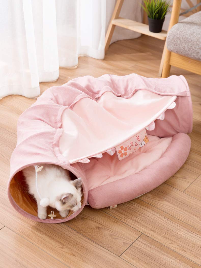 2 in 1 Cat Tunnel Bed Tube with Cushion and Plush Ball Toy Playground Crinkle Collapsible for Large Cats Kittens Kitty Puppy Small Dog Foldable Soft Pet Play Bed Indoor Outdoor- Pink Cat Tunnel Bed - PawsPlanet Australia