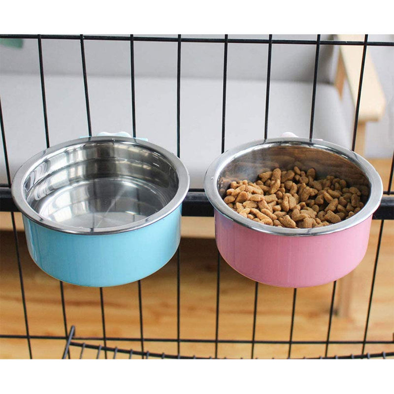 Stainless Steel Removable Pet Food Bowl, Anti-overturn Water Feeder Container, Suitable for Small Dog/Cat/Rabbit, 2 Set of Crate Bowls, Easy to Install and Clean Pink/Blue 2PCS Round