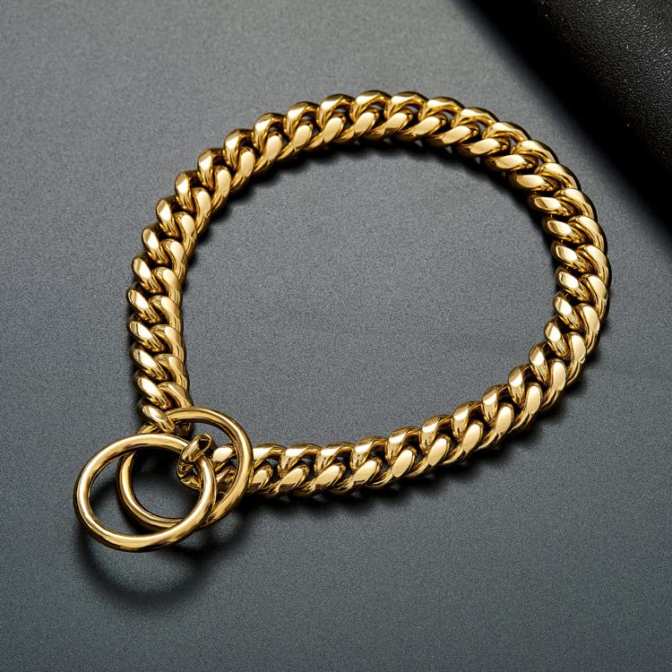 18K Gold Chain Dog Collar 10MM Cuban Link Chain Stainless Steel Metal Links Walking Training Collar Choker for Small Medium Large Dogs 12in to 26in (20”(Neck Fits 16")) 20”(Neck Fits 16") - PawsPlanet Australia