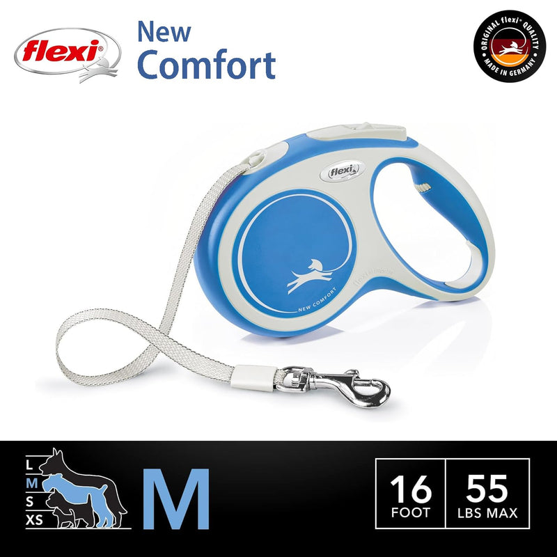 FLEXI New Comfort Tape Retractable Dog Leashes for Medium Dogs Upto 55 lbs. – 16 ft., Blue | Tangle Free Pet Walking Leash with One-Handed Brake, Pause, Lock|German Quality Product Medium - 16 Feet - PawsPlanet Australia