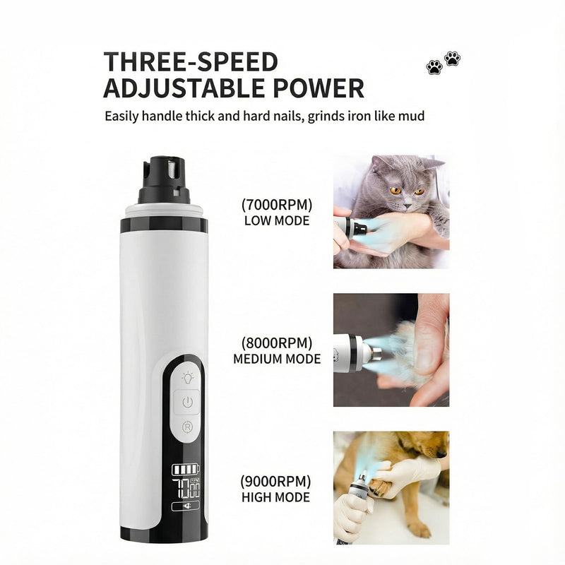 Silent Pet Nail Grinder Pro, 2025 New Dog and Cat Nail Trimmer with LED Light and 3 Speed Settings, Suitable for Thick and Long Nails(1+2*Replacement Head)