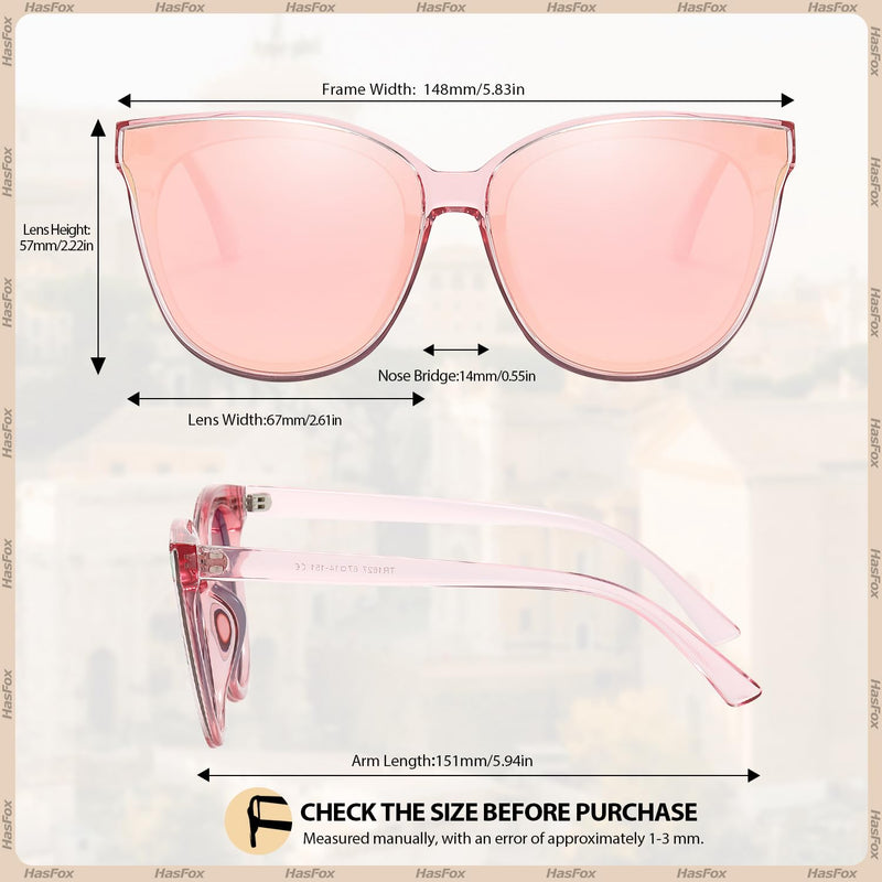 HASFOX Cat Eyes Sunglasses for Women | Polarized UV Protection Shades for Driving | Lightweight Oversized Style | Hard Case A02 Clear Pink Frame / Rose Gold Mirrored Lens 67 Millimeters - PawsPlanet Australia