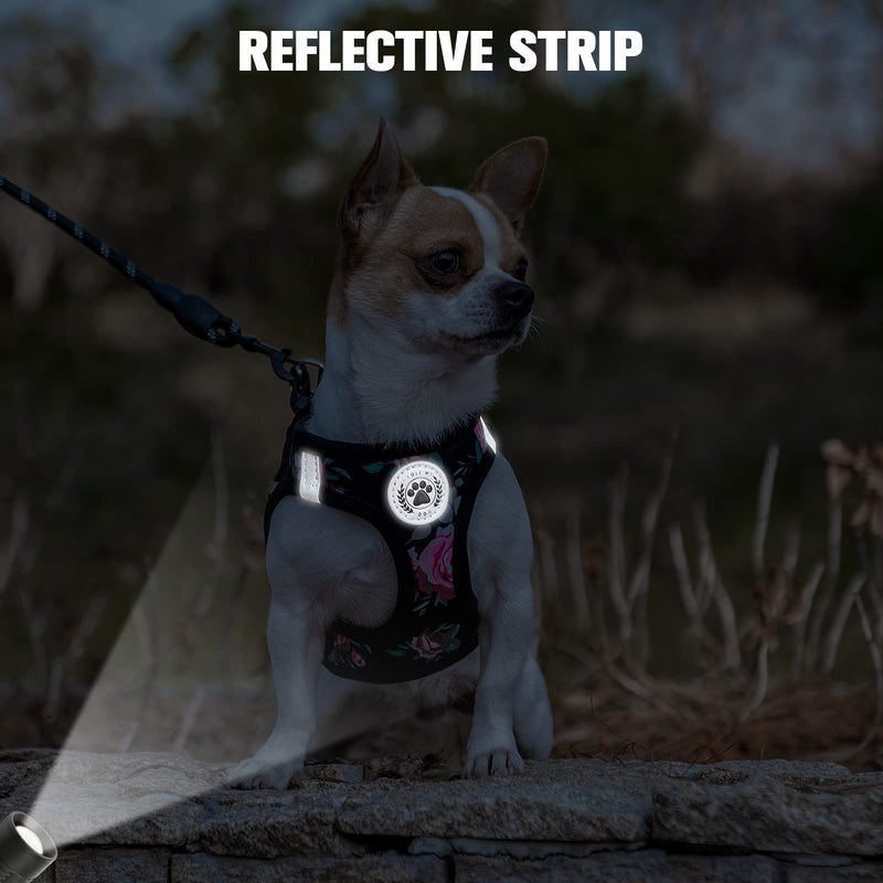 BEAUTYZOO Step in Dog and Cat Harness and Lead Set - Floral Pattern - Reflective - No Pull or Choke - for Dogs and Cats - Soft Padded Mesh Harness for Dogs and Cats Black Rose XX-Small(Chest Girth 11.5"-13") - PawsPlanet Australia