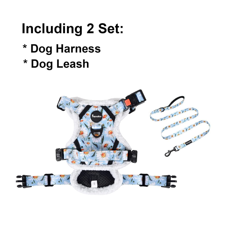 Petmolico Floral Dog Harness and Leash, No Pull Fleece Dog Harness with 2 Leash Clips and Easy Control Handle for Small Dogs, Small Daisy - PawsPlanet Australia