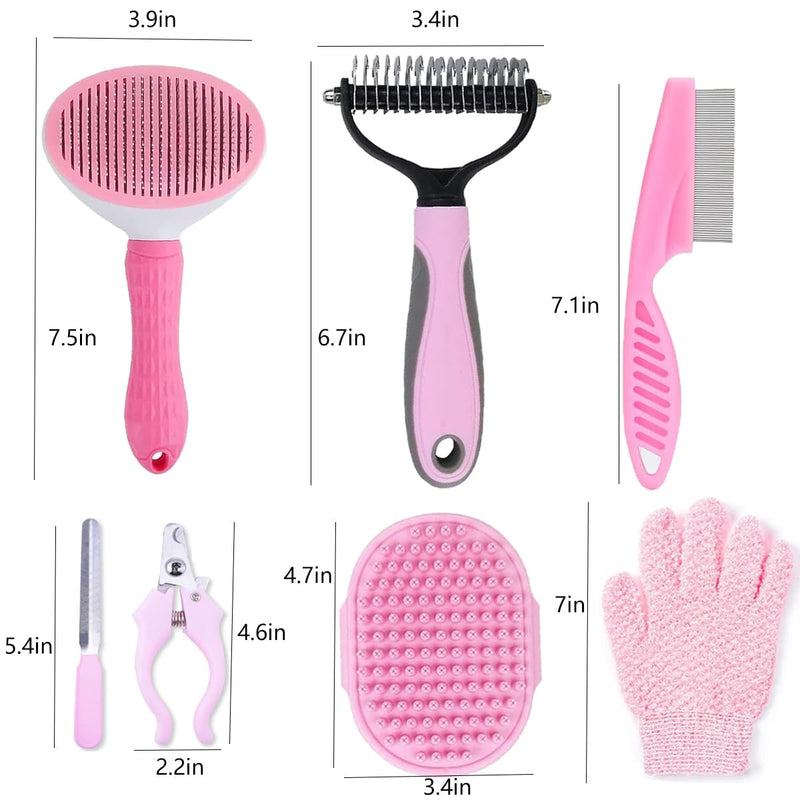 7 PCS Dog Grooming Kits,Pet Shedding Brush，Pet Self-Cleaning Brush with Pet Nail Clipper, Flea Comb and Shampoo Bath Brush A-Pink 7 Kits - PawsPlanet Australia
