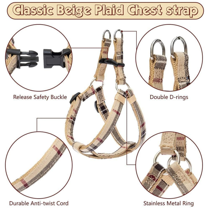 BINGPET Dog Harness Collar Leash Set,Adjustable No Pull Escape Proof Small Dog Harness,Classic Plaid Puppy Harness and Leash Set for Small Medium Large Dogs Training Easy Walk Running(Beige,S) S(Chest Girth:14.9''-20.9'') Beige