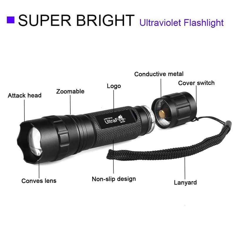Black Light UV Flashlight,UltraFire LED 395nm Ultraviolet Blacklight Flashlight,Adjustable Focus Mini UV Flashlight Pet Urine Detector for Resin Curing, Dry Stain, Scorpion and Bed Bug UV Torch - PawsPlanet Australia