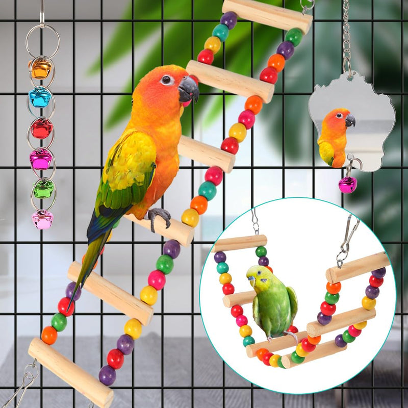 Bird Toys for Parakeets, Parrots, Conures, Cockatiels, Love Birds, Finches, Mynah, Budgerigar - 9Pcs Wooden Ladder Bridge, Swing, Hammock, Cage Accessories - PawsPlanet Australia