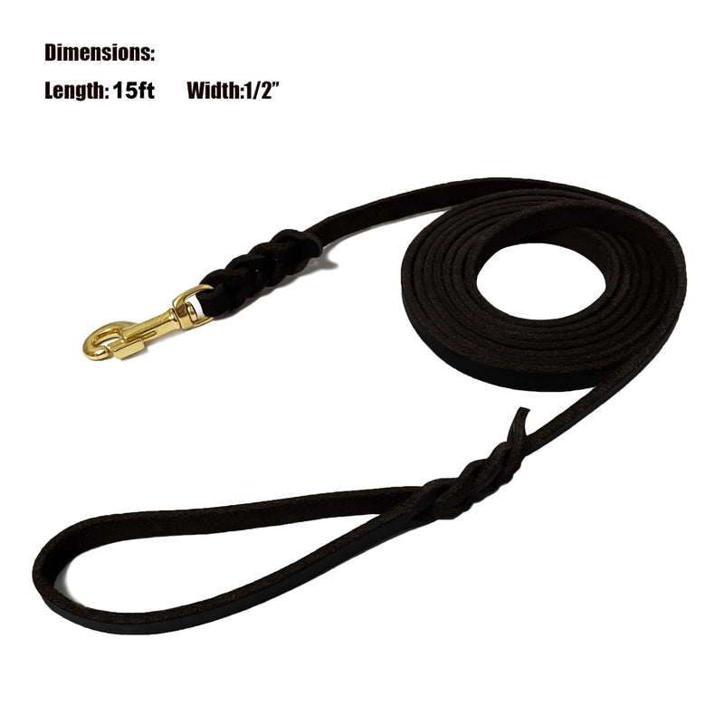 LWBMG Long Leather Dog Leash 15ft,Long Line Pet Leashes,Strong Sturdy Genuine Leather Braided Dog Lead, Soft and Comfortable Leash for Medium and Small Dogs Training Black 15ftx1/2''