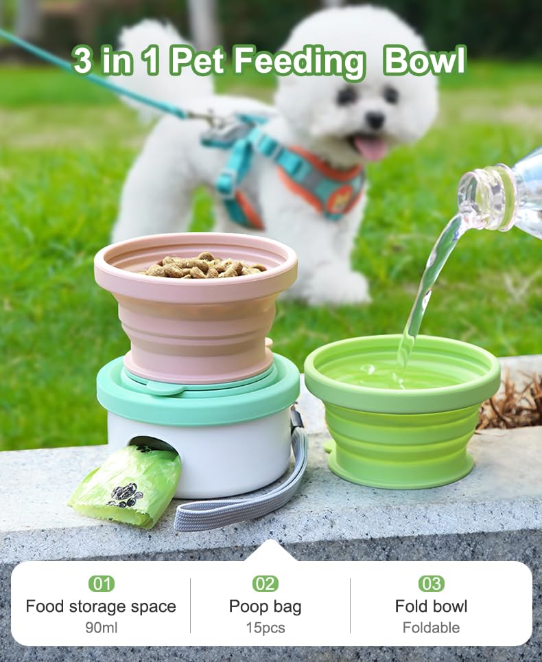 Travel Dog Bowls, 3 in 1 Design Dog Travel Feeding Bowl, Treat Container with Collapse Bowl&Dog Poop Bag Holder, Foldable Feeding Watering Dish for Traveling Camping Walking Parks, with 1 Poop Bag 1 Pack Green - PawsPlanet Australia