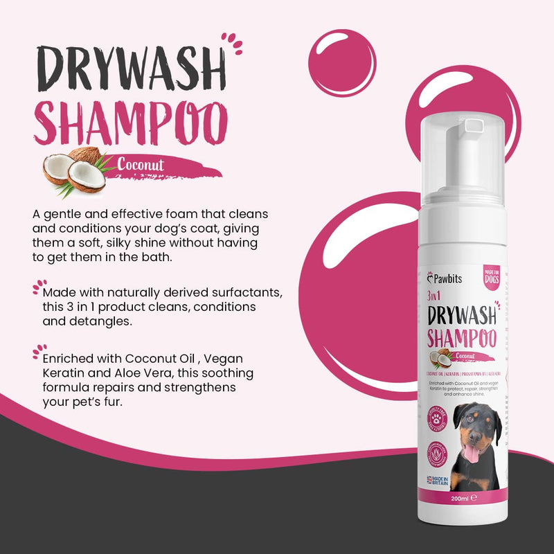 Pawbits Drywash Shampoo for Dogs - Puppy Friendly 3-in-1 Dry Shampoo to Clean, Condition & Detangle – No Water Required (Coconut - 200ml) Coconut - 200ML - PawsPlanet Australia