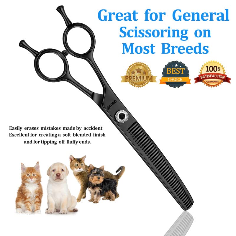7" Professional Curved Thinning Scissors for Dog Grooming Sharp Blades Blending Shears Dog Grooming Scissors Japan 440C Stainless Steel Smooth Motion & Fine Cutting(Black) Black - PawsPlanet Australia